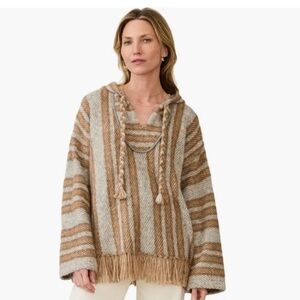 NWT Faherty Snowfields Poncho Hoodie Cashmere Stripe Sweater Pebble Grey Gray M
